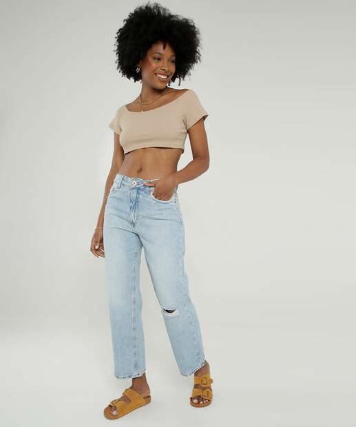 Calça Jeans Destroyed Wide Leg Feminina Bolsos Marisa
