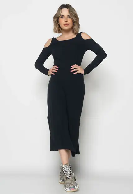 Vestido Midi Ombro Vazado Manga Longa Canelado  Fashion Preto