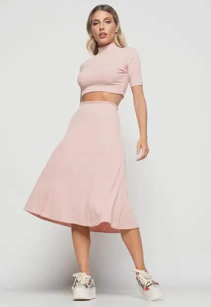 Cropped  Gola Alta Comfy Malha Canelada Rosa Claro Salvatore Fashion