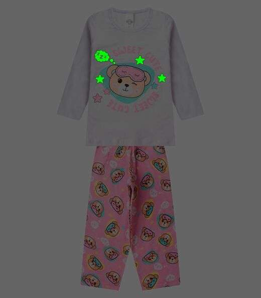 Pijama Menina Manga Longa Brilha No Escuro Kappes Branco