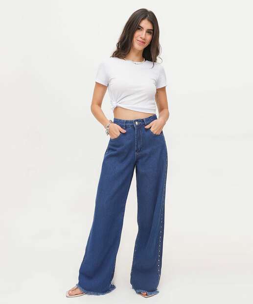 Calça Jeans Wide Leg Feminina Tachas Marisa