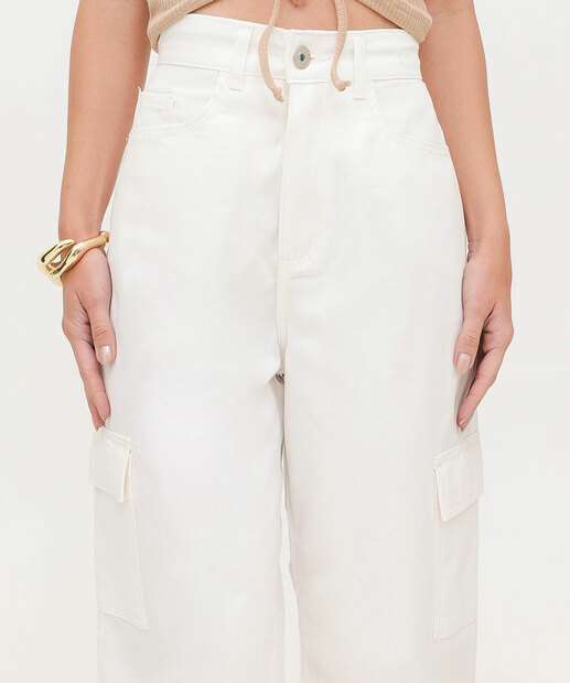 Calça Wide Leg Feminina Sarja Cargo 
