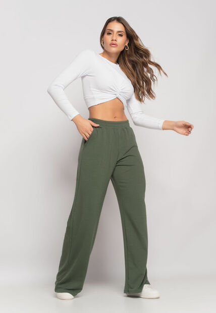 Cal?a Wide Leg Com Bolso Moletinho Verde Salvatore