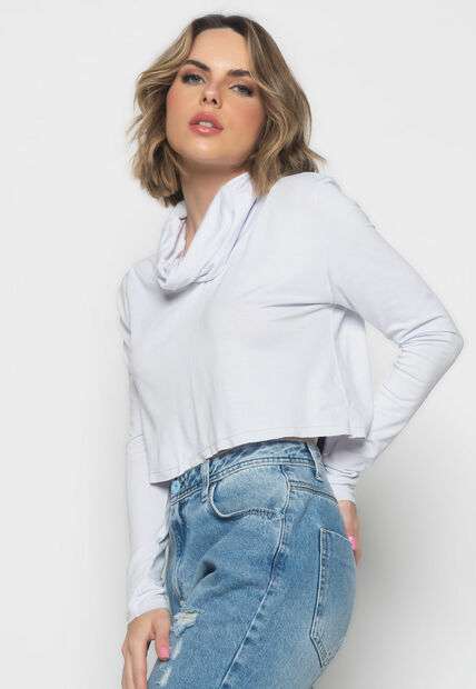 Cropped Golão Manga Longa Malha  Fashion Branco