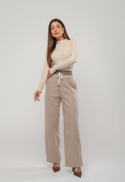 Blusa de Tricot Modal com Gola Alta e Manga Canelada Bege Salvatore