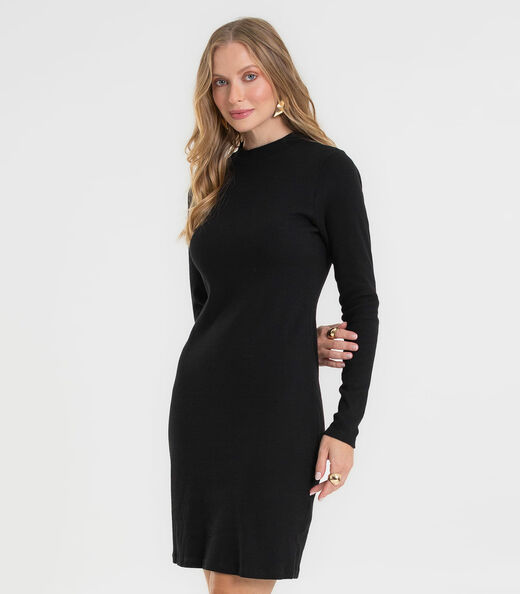 Vestido Feminino Manga Longa Ribana Básico Rovitex Preto