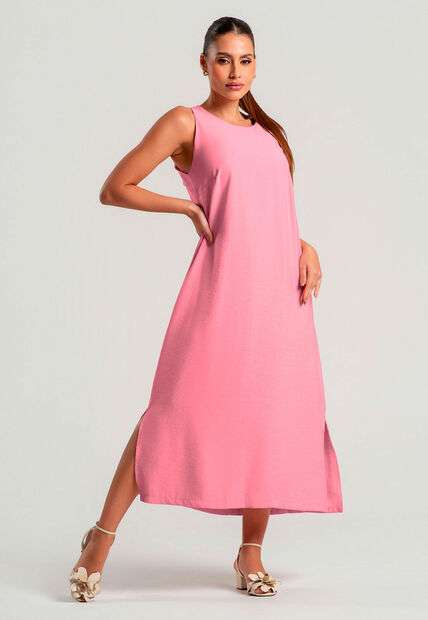 Vestido Midi Alfaiataria Marrant Regata Com Fendas e Bolsos Rosa Salvatore