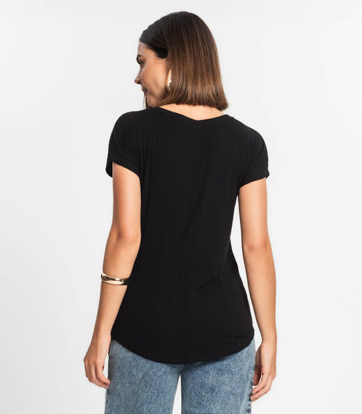 Blusa Feminina Ribana Canelada Básica Rovitex Preto