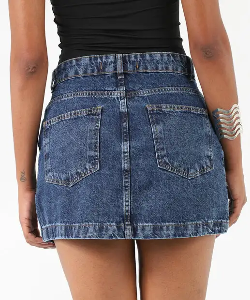 Saia Jeans Feminina Bolsos Cinto Tachas Azul