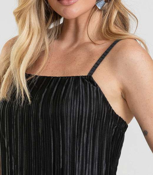 Vestido Midi Feminino Plissado De Alça Dianna Preto