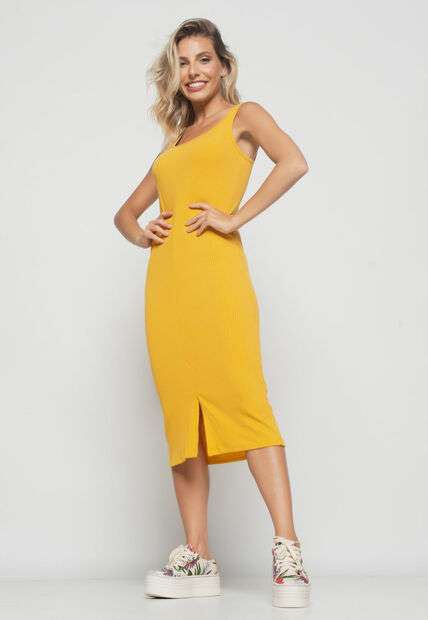 Image_Vestido  Midi Fenda Canelado Mostarda
