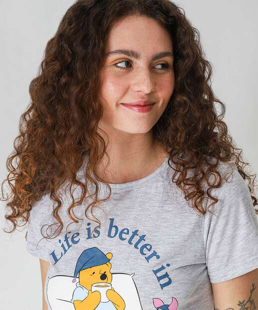 Pijama Feminino Estampa Ursinho Puff Manga Curta Cinza