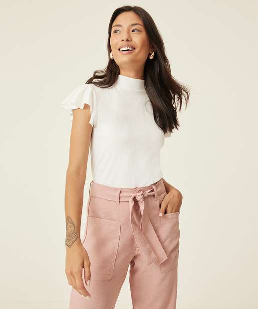 Blusa Feminina Canelada Gola Alta Babado Marisa