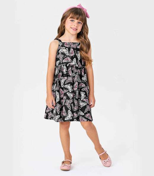 Vestido Menina Popeline Borboletas Trick Nick Preto