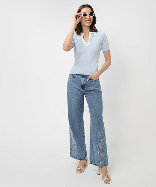 Image_Calça Wide Leg Bordado Feminina Jeans Marisa Azul
