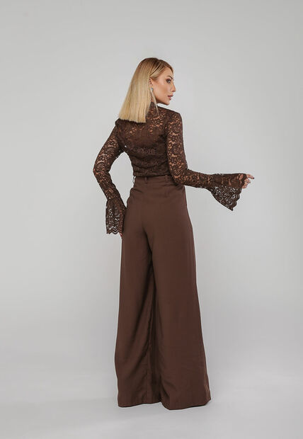 Blusa De Renda Com Manga Longa Flare Marrom Salvatore
