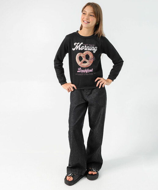  Blusão Infantil Moletom Estampado Marisa Tam 10 a 16 Preto