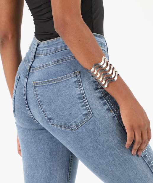 Calça Feminina Jeans Flare Strass Bolsos Marisa Azul