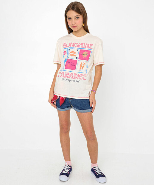 Camiseta Juvenil Estampada Tam 10 a 16 Bege