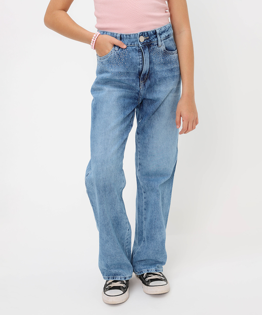 Calça Juvenil Jeans Wide Leg Strass Tam 10 a 16 Azul