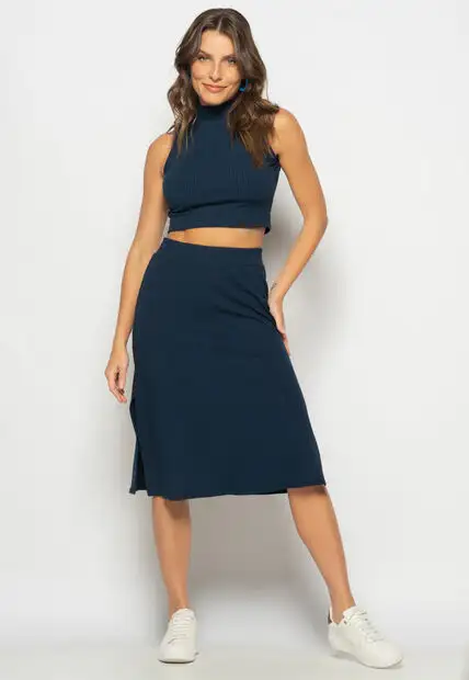 Conjunto Cropped Regata E Saia Midi Malha Canelada Marinho Salvatore