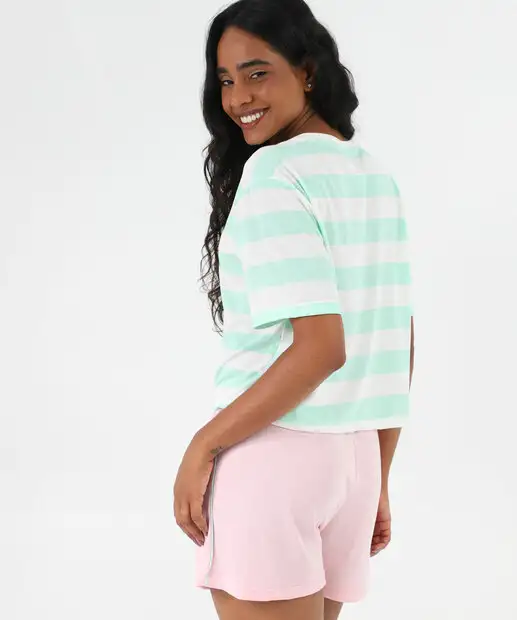 Pijama Feminino Listrado Manga Curta Snoopy Rosa
