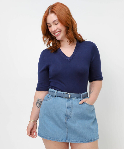 Image_Blusa Plus Size Feminina Tricô Manga Curta Marisa Azul