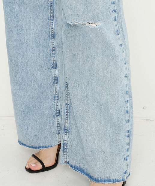 Calça Jeans Destroyed Wide Leg Pantalona Feminina Marisa