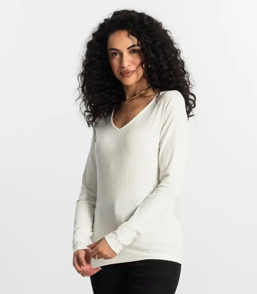 Blusa Manga Longa Em Ribana Canelada Rovitex Bege