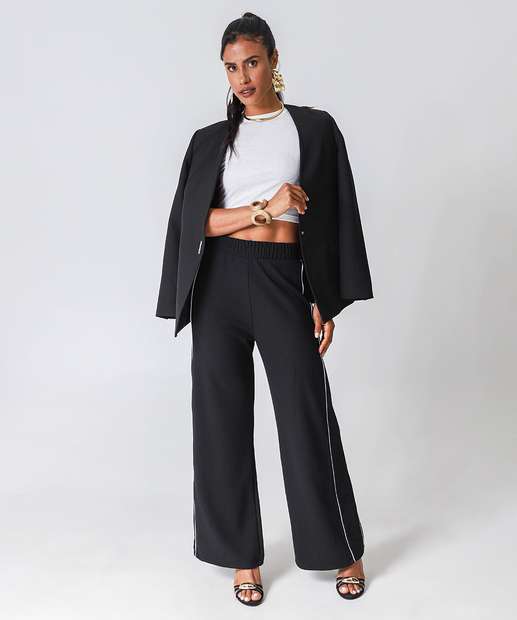 Image_Calça Feminina Crepe Pantalona Friso Marisa Preto