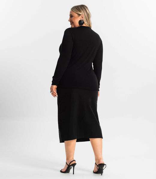 Saia Midi Plus Size Com Fenda Secret Glam Preto