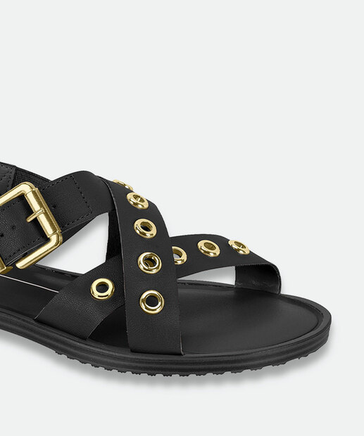 Sandália Feminina Rasteira Tachas Moleca Preto