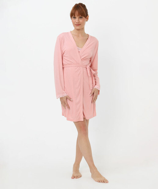 Robe Feminino Canelado Recorte Renda Marisa Rosa