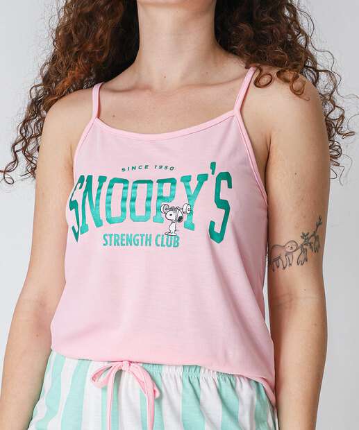 Pijama Feminino Listrado Alças Finas Snoopy Rosa