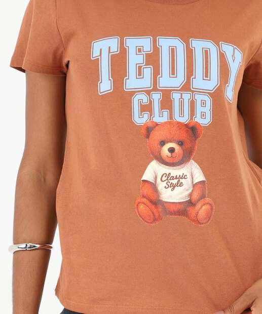 Blusa Feminina Estampa Urso Manga Curta Marisa Marrom