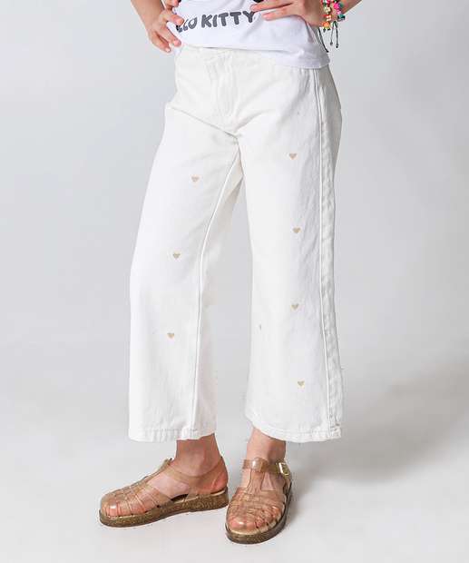 Calça Sarja Pantacourt Infantil Bordado Tam 4 a 8 Off White