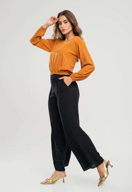 Calça Pantalona Com Bolso Viscolinho Preto Salvatore Fashion