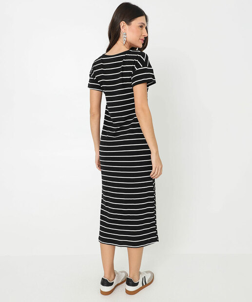 Vestido Midi Feminino Listrado Manga Curta Marisa Preto