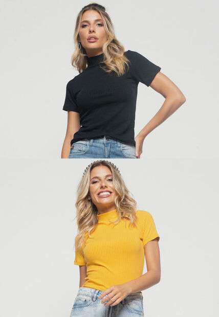 Image_Kit 2 Blusas  Gola Alta Comfy Malha Canelada Preta e Mostarda