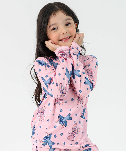 Pijama Infantil Stitch Manga Longa Tam 4 a 12 Rosa