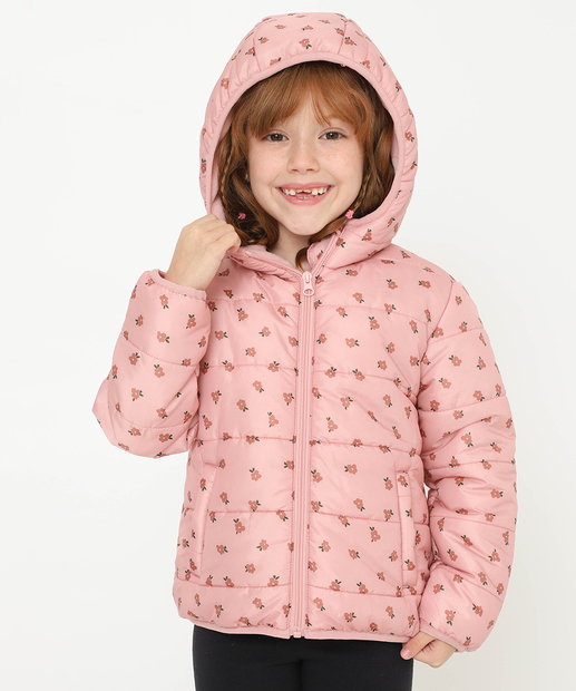 Image_Jaqueta Infantil Puffer Capuz Floral Tam 4 a 10 Marisa Rosa