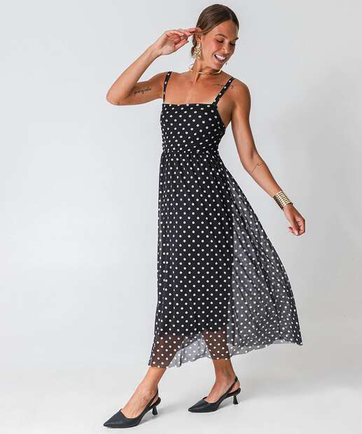 Vestido Midi Feminino Tule Poá Alças Finas Marisa Preto