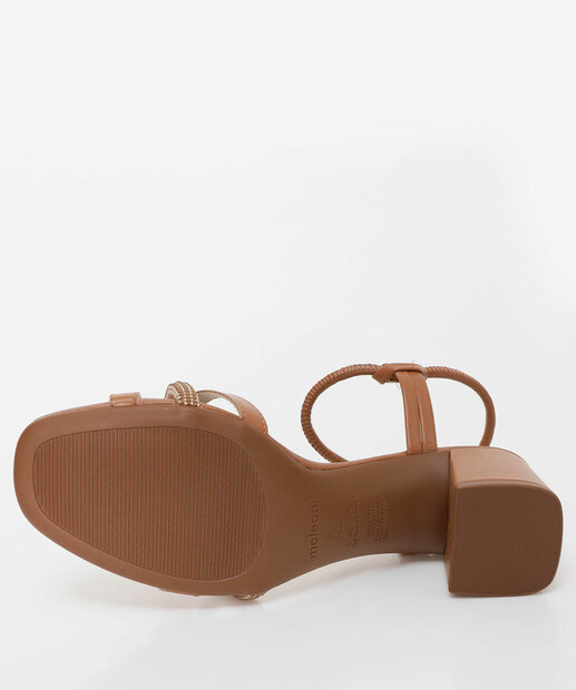 Sandália Feminina Salto Grosso Strass Moleca Caramelo