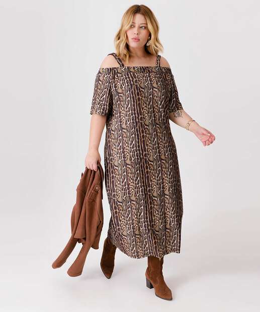 Image_Vestido Plus Size Feminino Open Shoulder Animal Print