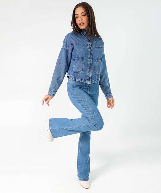 Camisa Feminina Bolso Manga Longa Sawary Azul