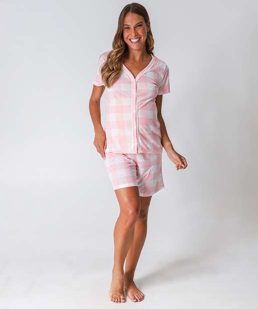 Pijama Feminino Gestante Xadrez Marisa Rosa