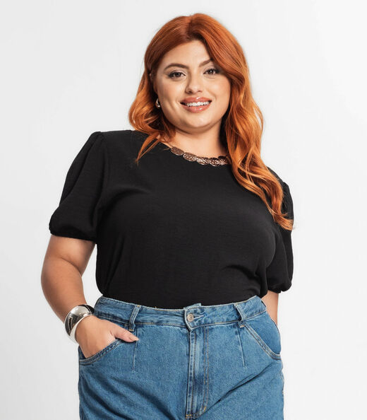 Blusa Plus Size Mangas Bufantes Secret Glam Preto