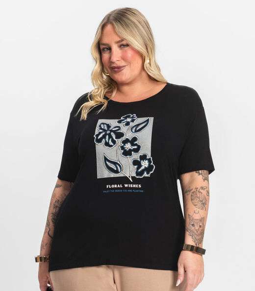 Camisa Manga Curta Plus Size Secret Glam Preto