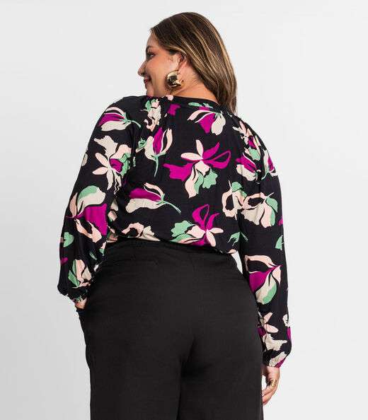 Blusa Estampada Manga Longa Plus Size Secret Glam Preto