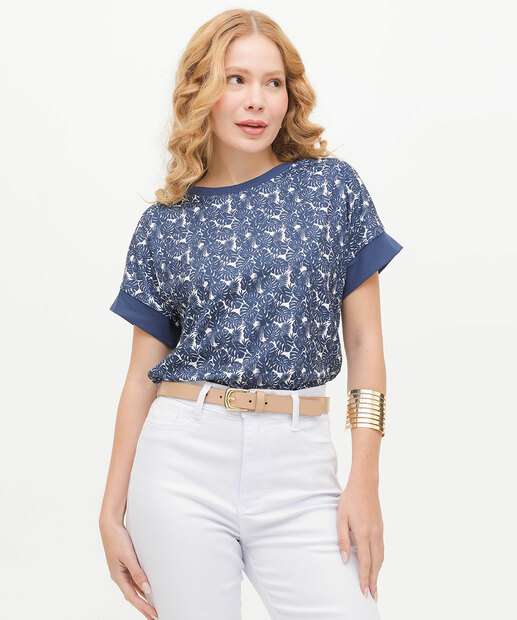 Image_Blusa Feminina Estampa Folhas Canelada Manga Curta Marisa